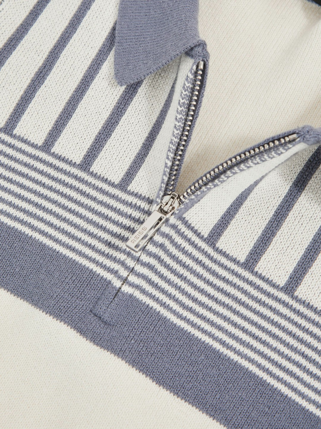 Children & Baby 3-9 yrs Cotton Stripe Knit Half-Zip Polo Shirt in Off White/ Airforce Blue
