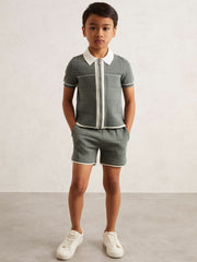 Children & Baby 9-13 yrs Tipped Knit Zip-Through Shirt in Dark Sage Green