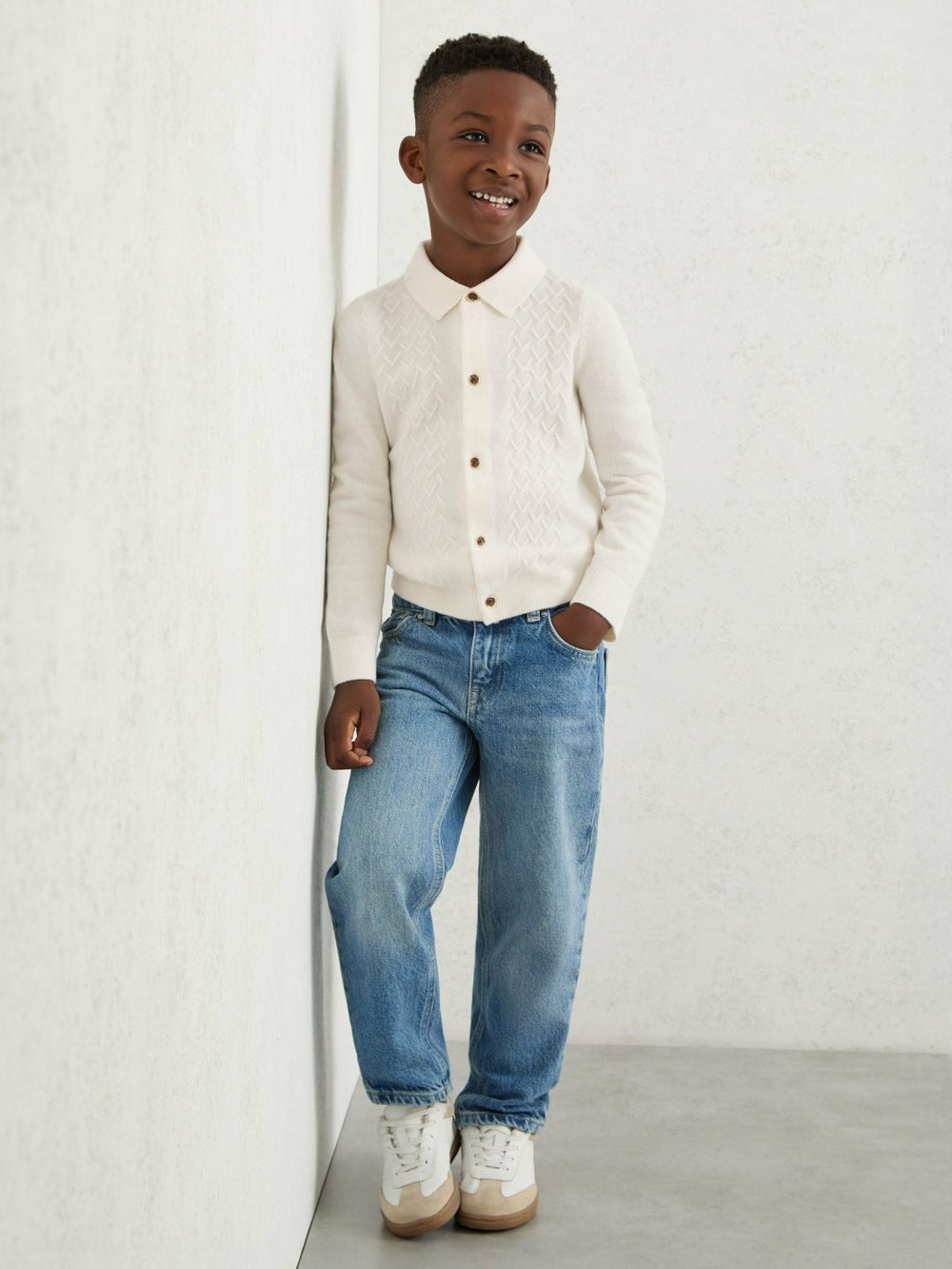 Children & Baby 9-13 yrs Wool V-Stitch Button-Through Cardigan in Off White