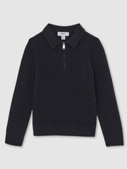 Children & Baby 3-9 yrs Wool Waffle-Knit Half-Zip Polo Shirt in Navy Blue