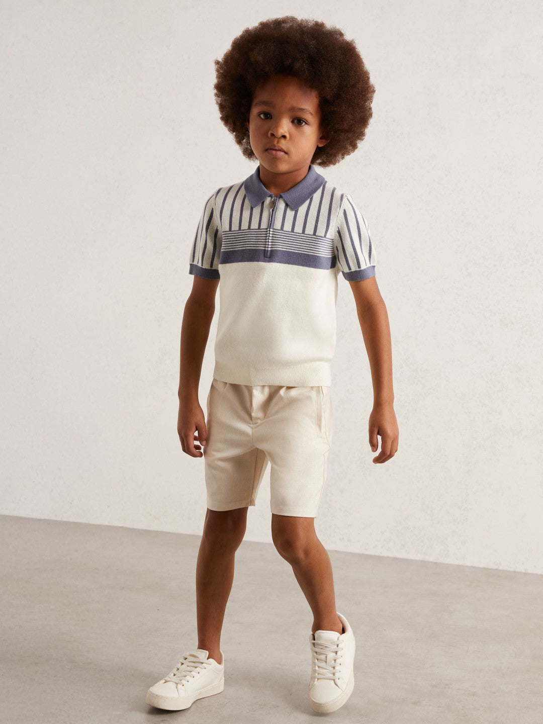 Children & Baby 13-14 yrs Cotton Stripe Knit Half-Zip Polo Shirt in Off White/ Airforce Blue
