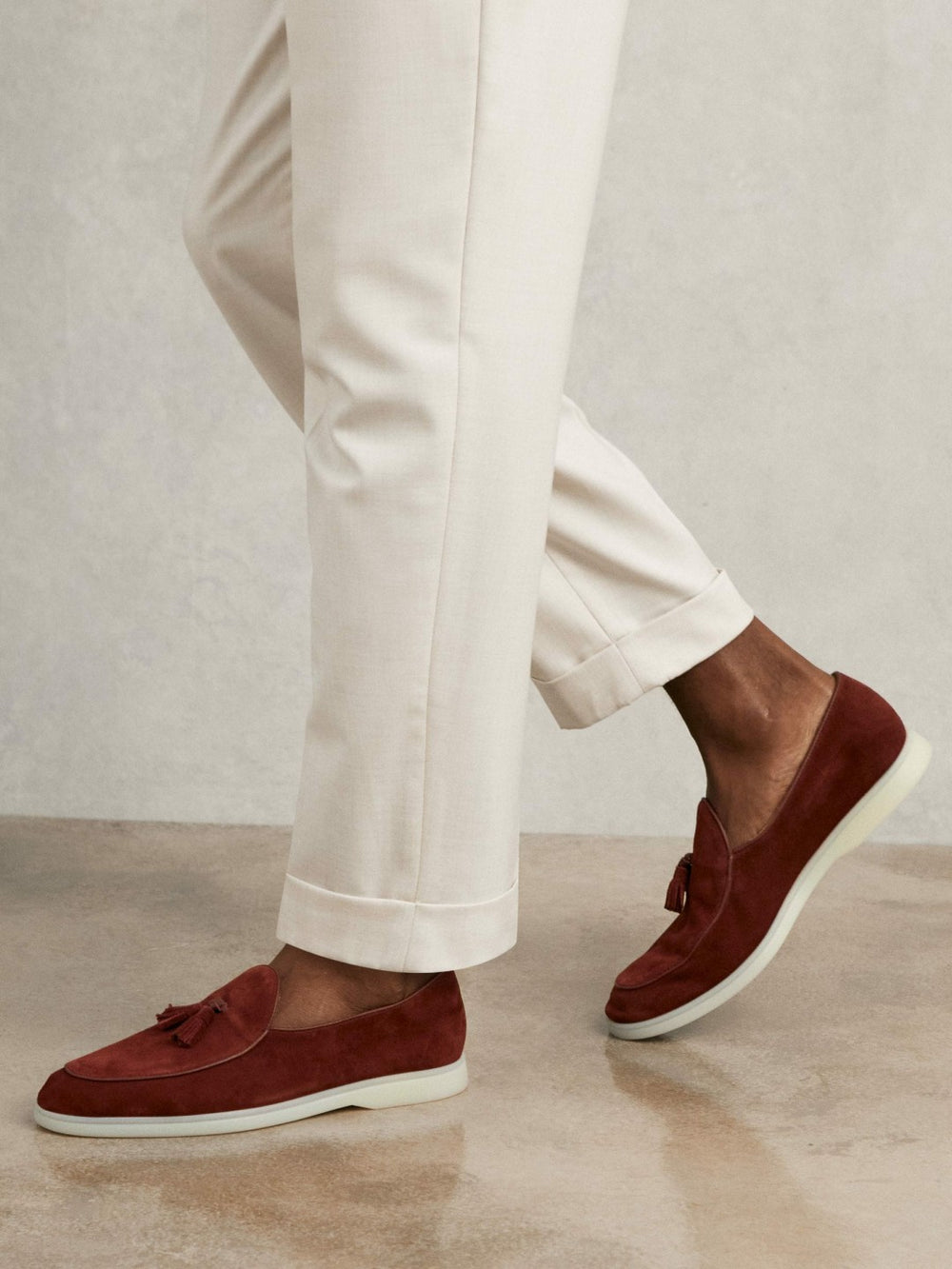 Men Suede Tassel Loafers in Maroon Red