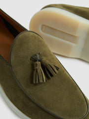 Men Suede Tassel Loafers in Moss Green