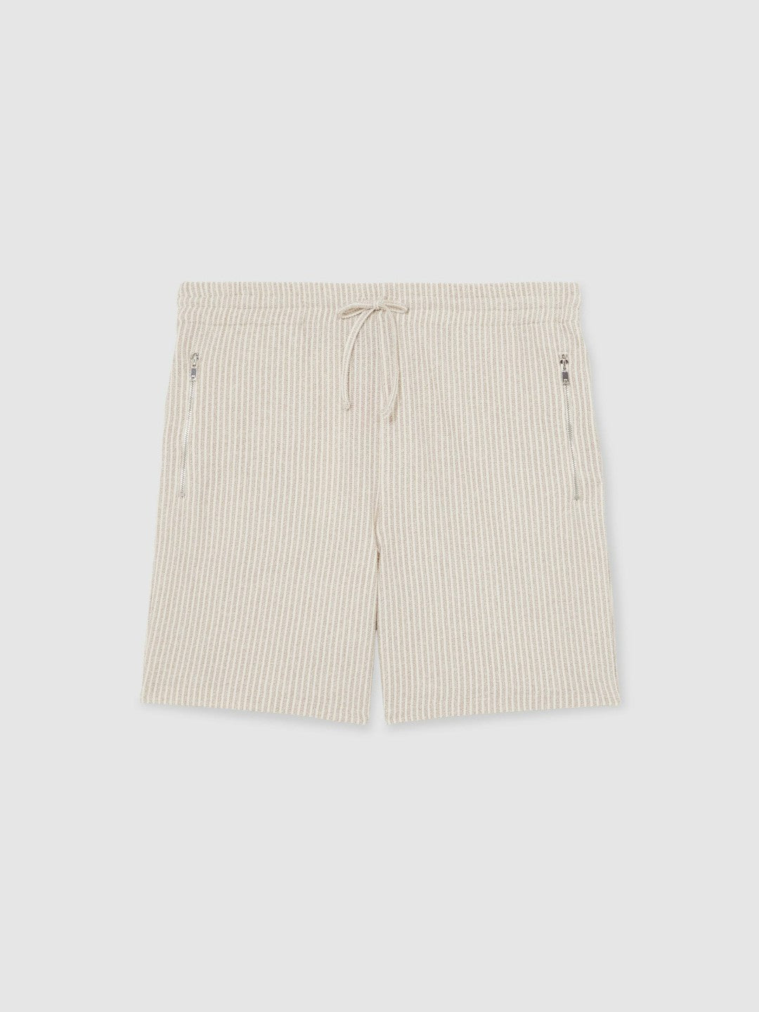 Men Cotton-Blend Stripe Drawstring Shorts in Ecru/Taupe Brown