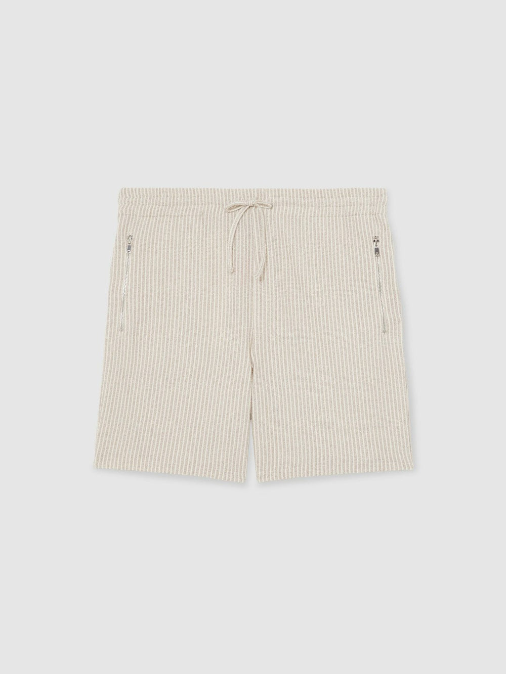 Men Cotton-Blend Stripe Drawstring Shorts in Ecru/Taupe Brown