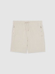 Men Cotton-Blend Stripe Drawstring Shorts in Ecru/Taupe Brown
