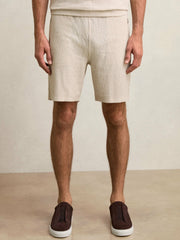 Men Cotton-Blend Stripe Drawstring Shorts in Ecru/Taupe Brown