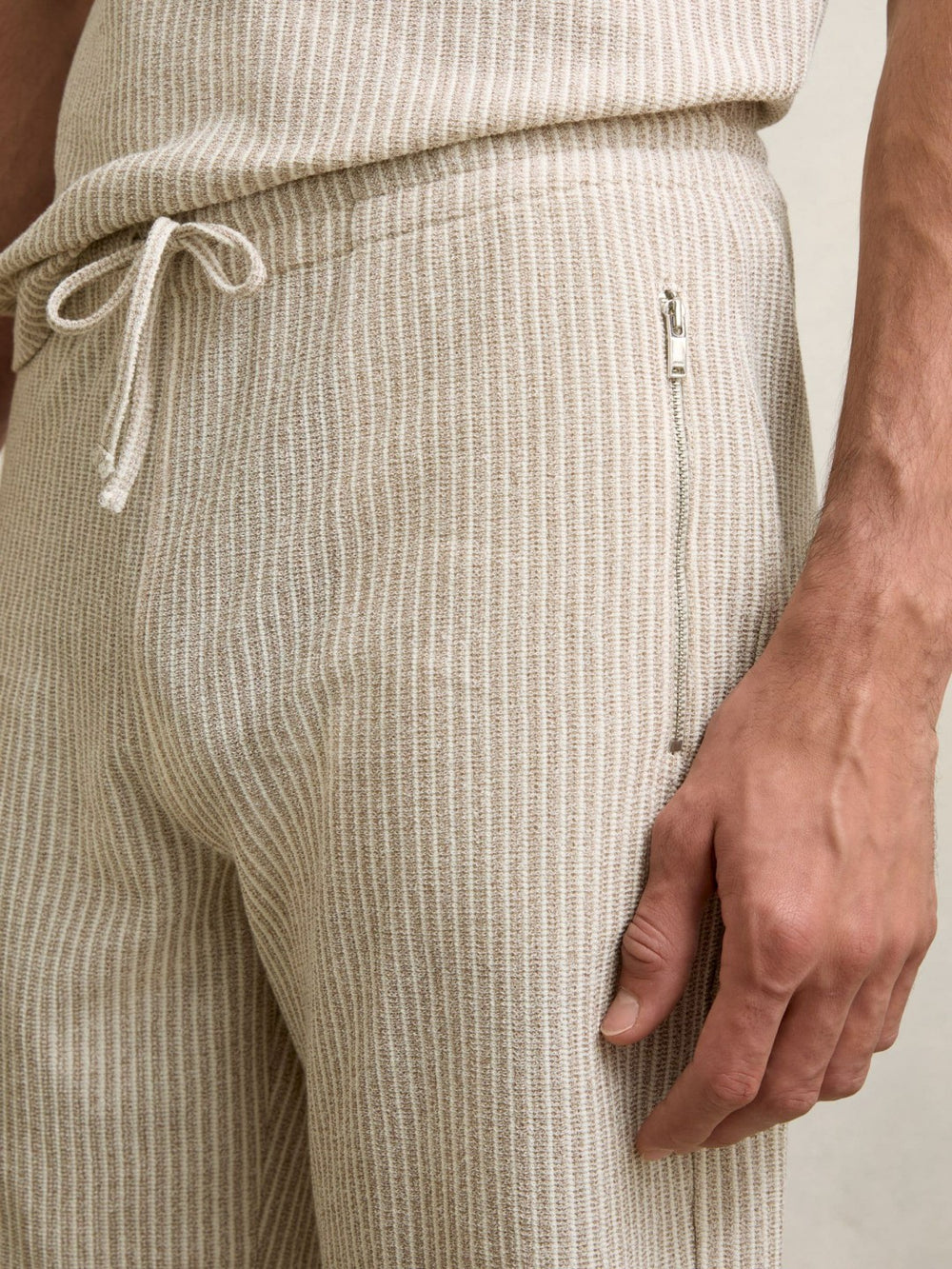 Men Cotton-Blend Stripe Drawstring Shorts in Ecru/Taupe Brown