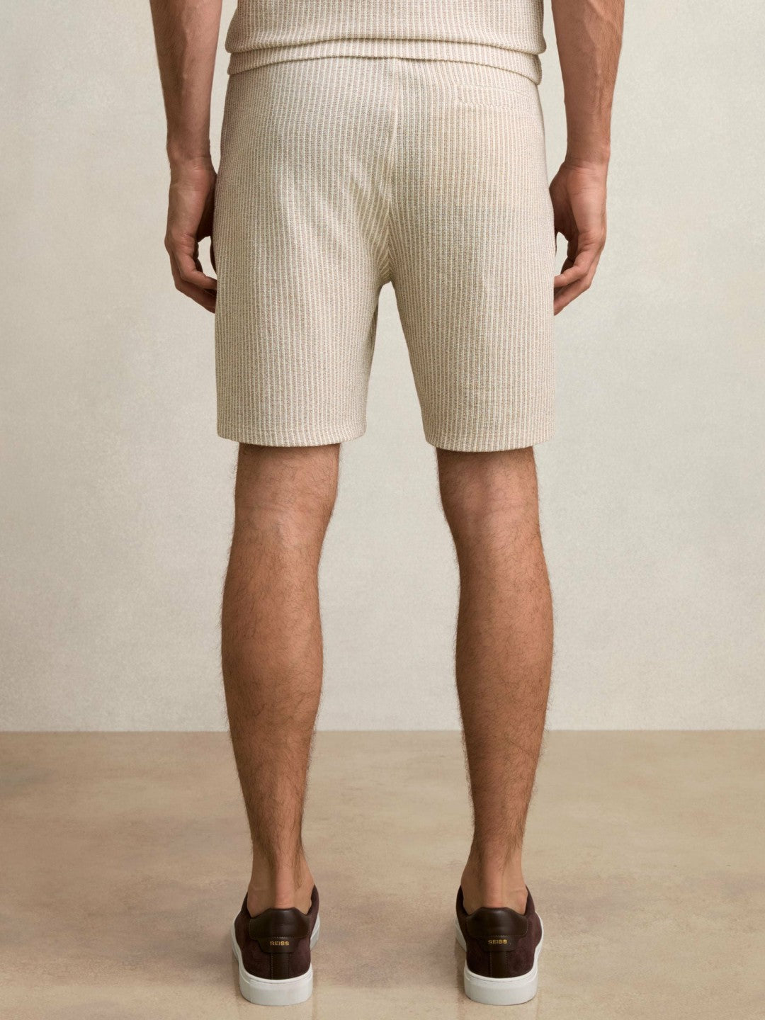 Men Cotton-Blend Stripe Drawstring Shorts in Ecru/Taupe Brown