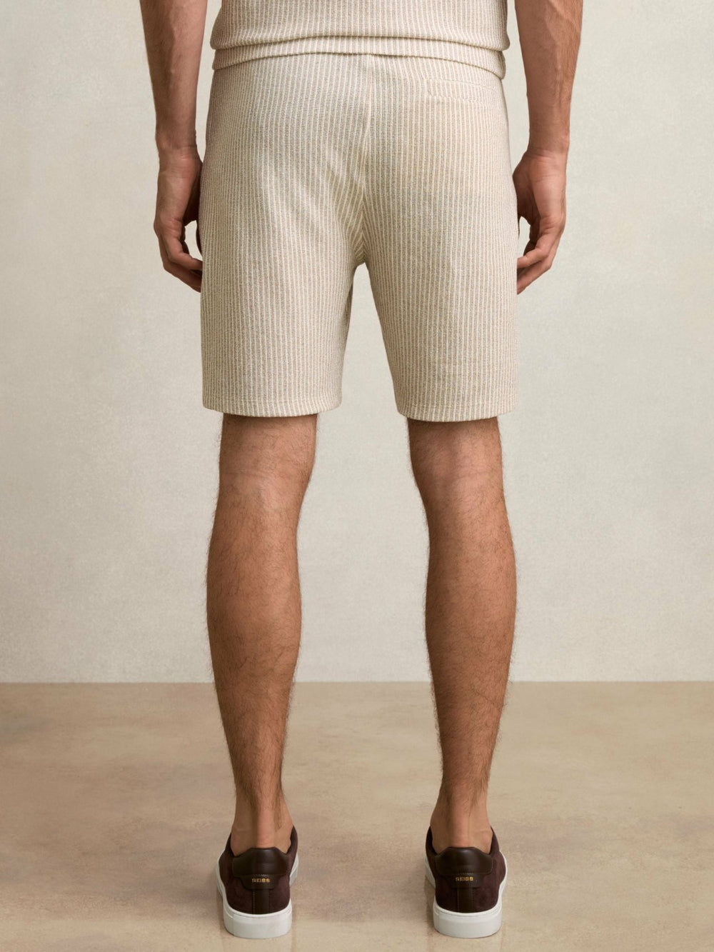 Men Cotton-Blend Stripe Drawstring Shorts in Ecru/Taupe Brown