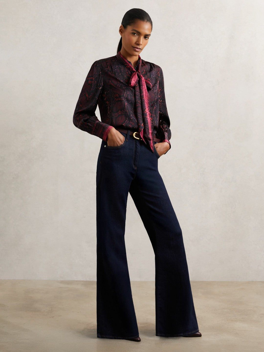 Women Snake-Print Tie-Neck Blouse in Burgundy