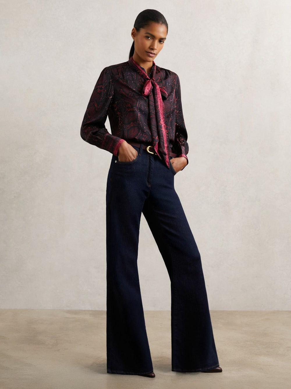 Women Snake-Print Tie-Neck Blouse in Burgundy