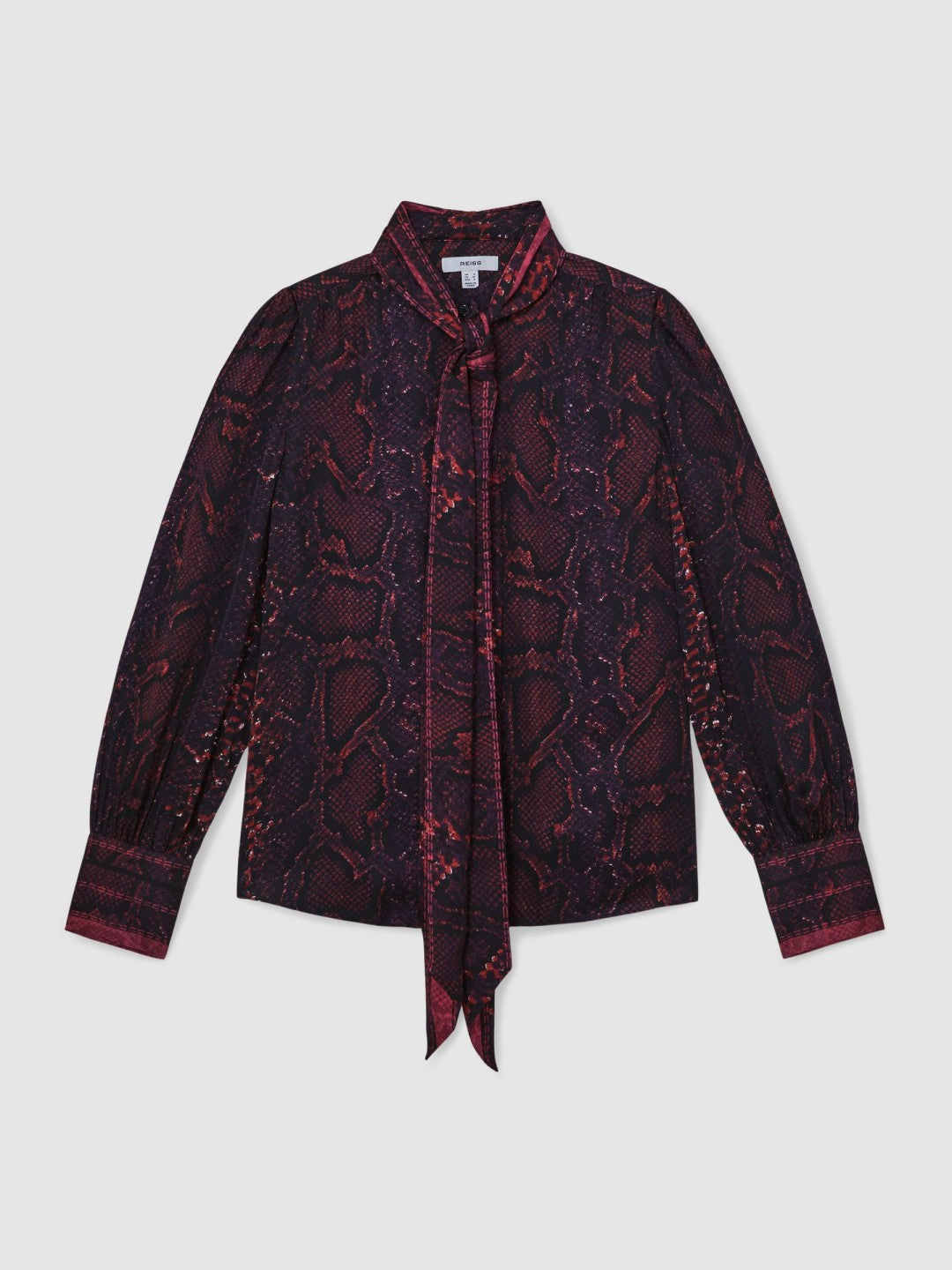 Women Snake-Print Tie-Neck Blouse in Burgundy