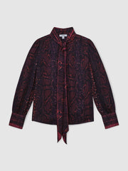 Women Snake-Print Tie-Neck Blouse in Burgundy