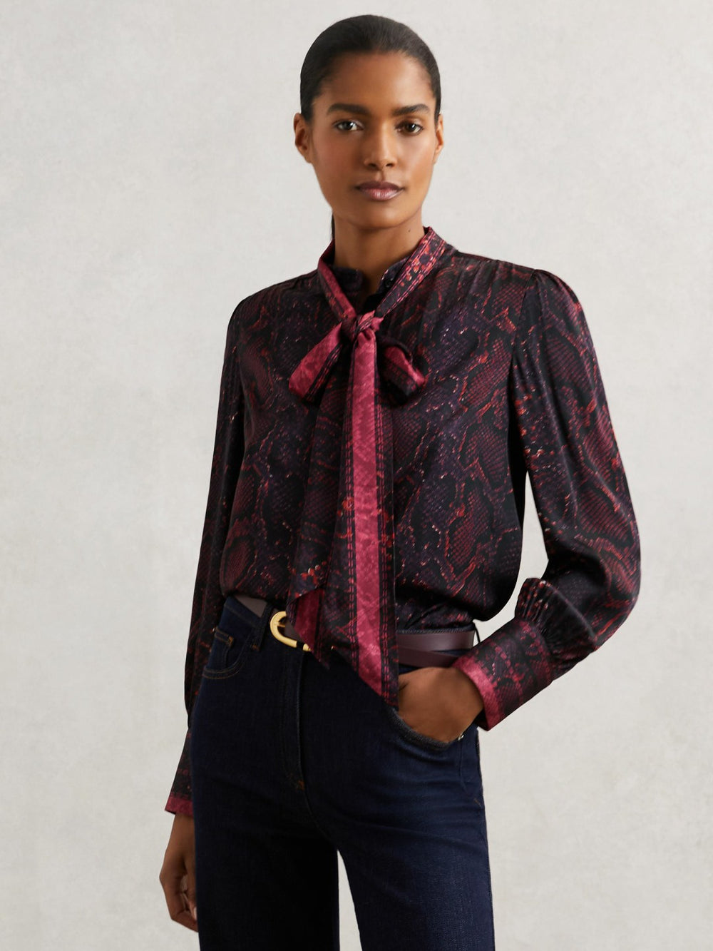 Women Snake-Print Tie-Neck Blouse in Burgundy
