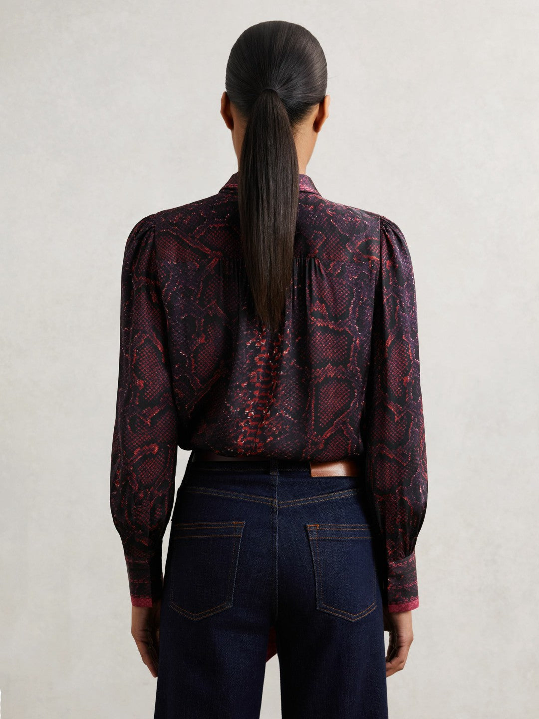 Women Snake-Print Tie-Neck Blouse in Burgundy