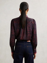 Women Snake-Print Tie-Neck Blouse in Burgundy