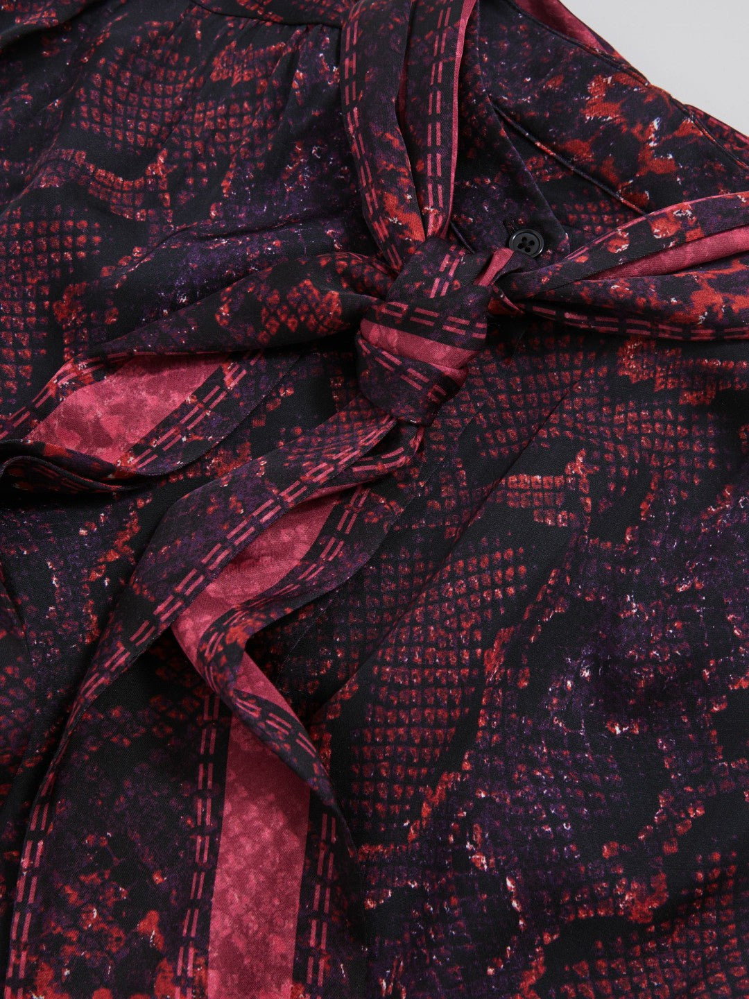 Women Snake-Print Tie-Neck Blouse in Burgundy