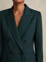 Women Wool-Blend Double-Breasted Suit Blazer in Green