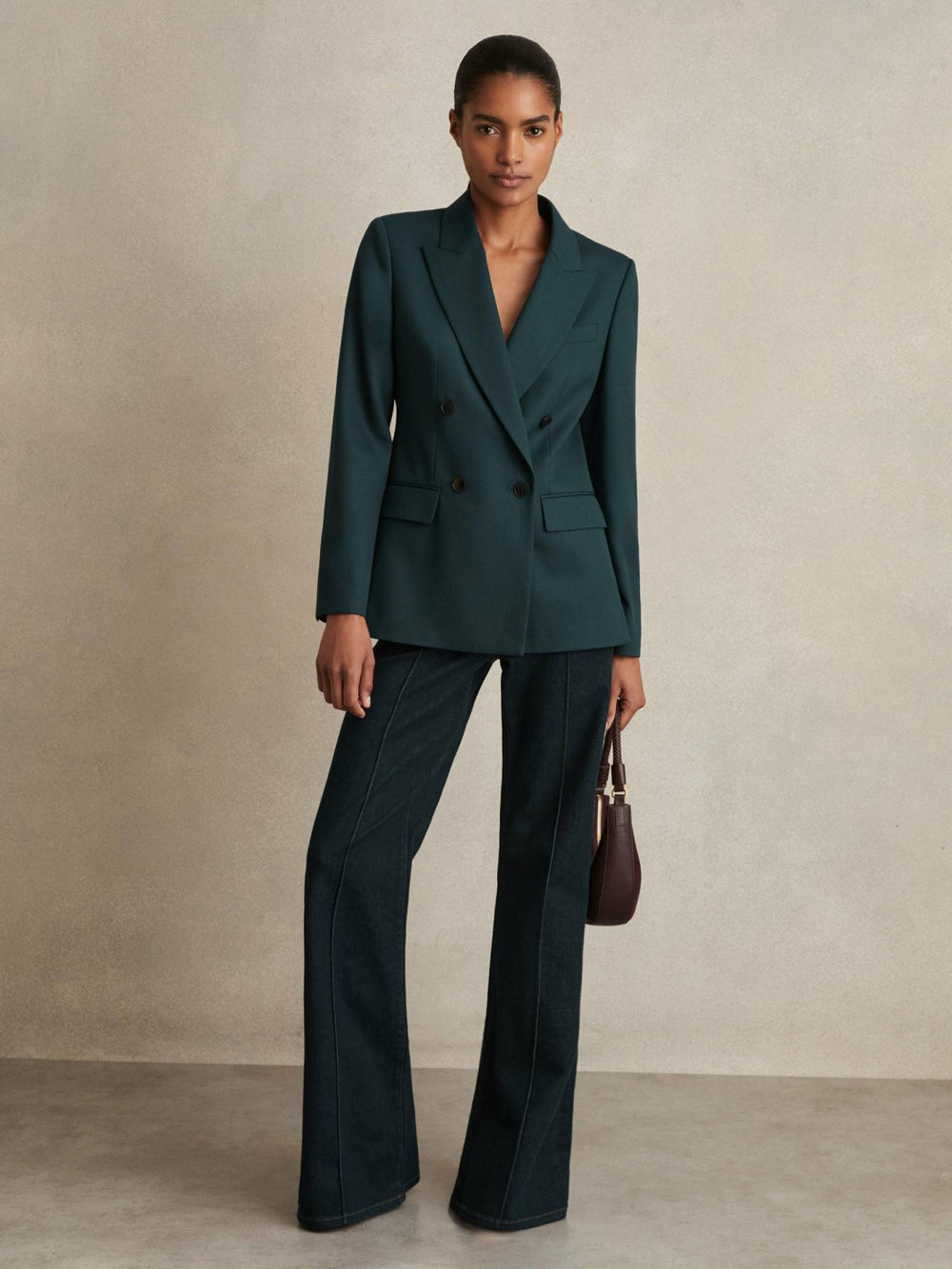 Women Wool-Blend Double-Breasted Suit Blazer in Green