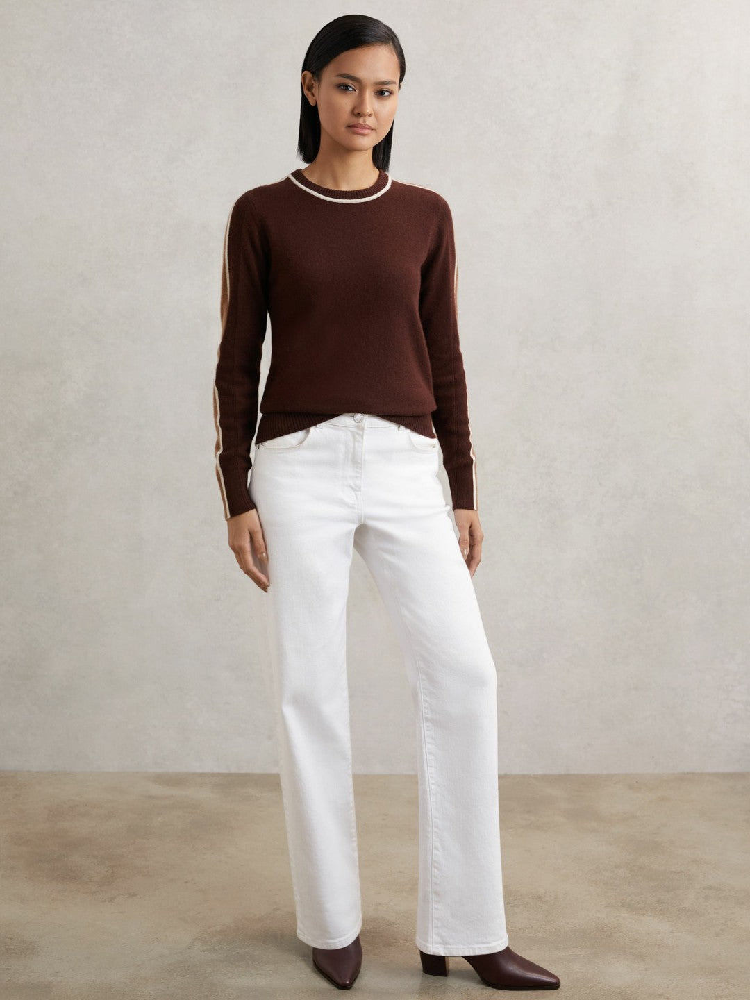 Women Wool-Blend Colour-Block Jumper With Cashmere in Burgundy/Tan