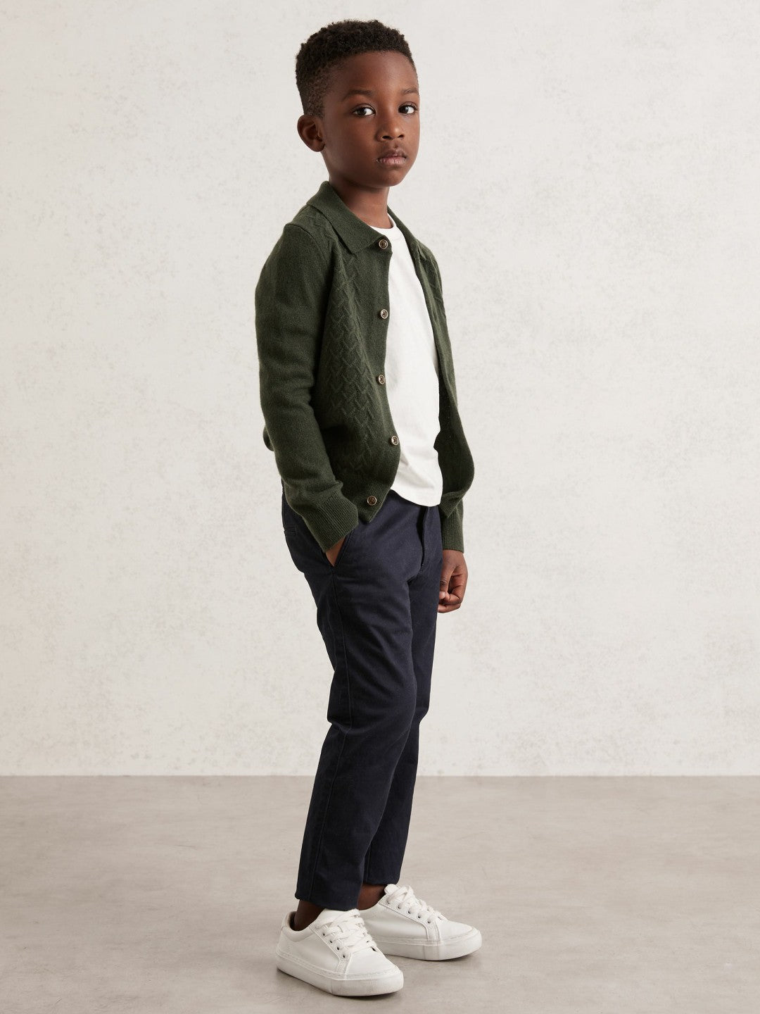 Children & Baby 13-14 yrs Wool V-Stitch Button-Through Cardigan in Forest Green