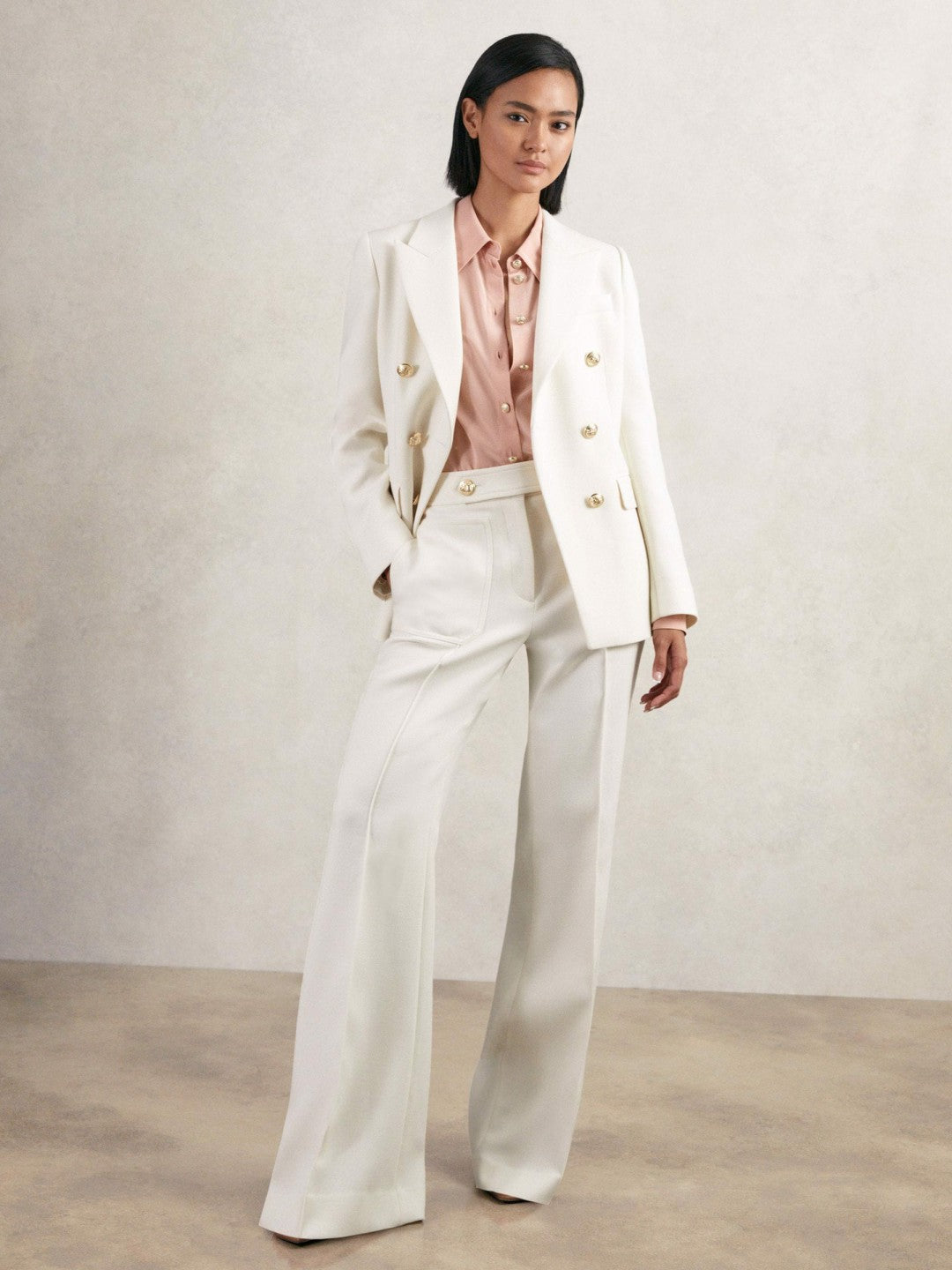 Women Petite Double-Breasted Twill Suit Blazer With Wool in White