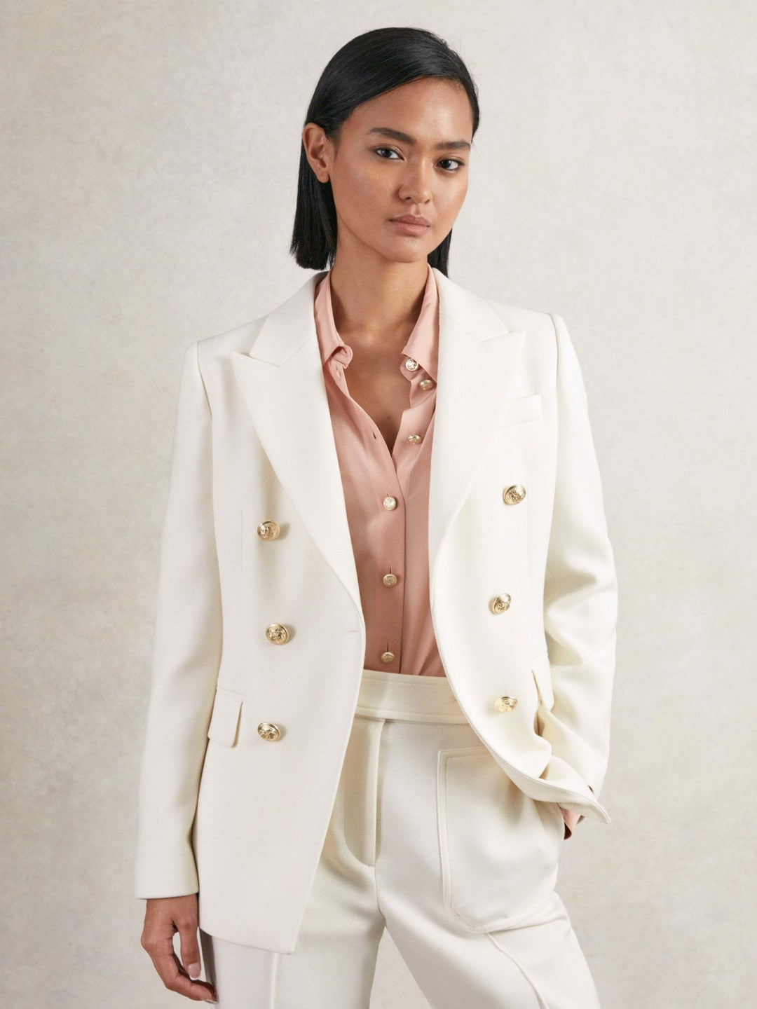 Women Petite Double-Breasted Twill Suit Blazer With Wool in White