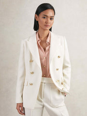 Women Petite Double-Breasted Twill Suit Blazer With Wool in White