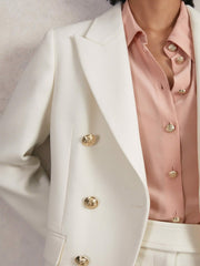 Women Petite Double-Breasted Twill Suit Blazer With Wool in White