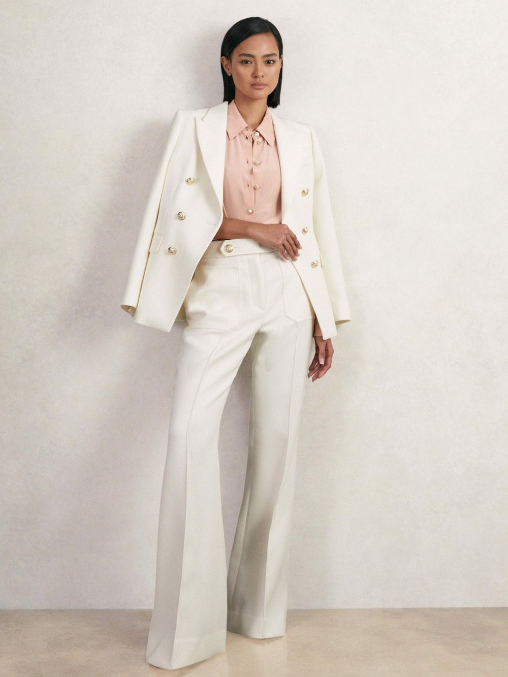Women Petite Double-Breasted Twill Suit Blazer With Wool in White