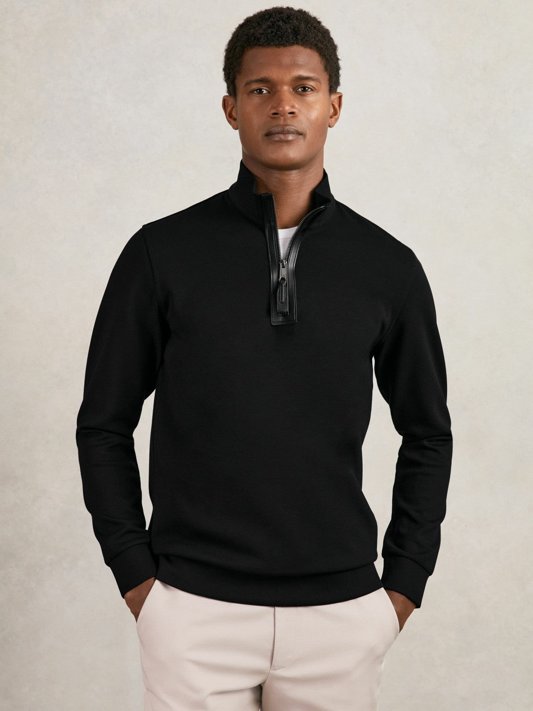 Men Leather-Placket Interlock Sweatshirt in Black