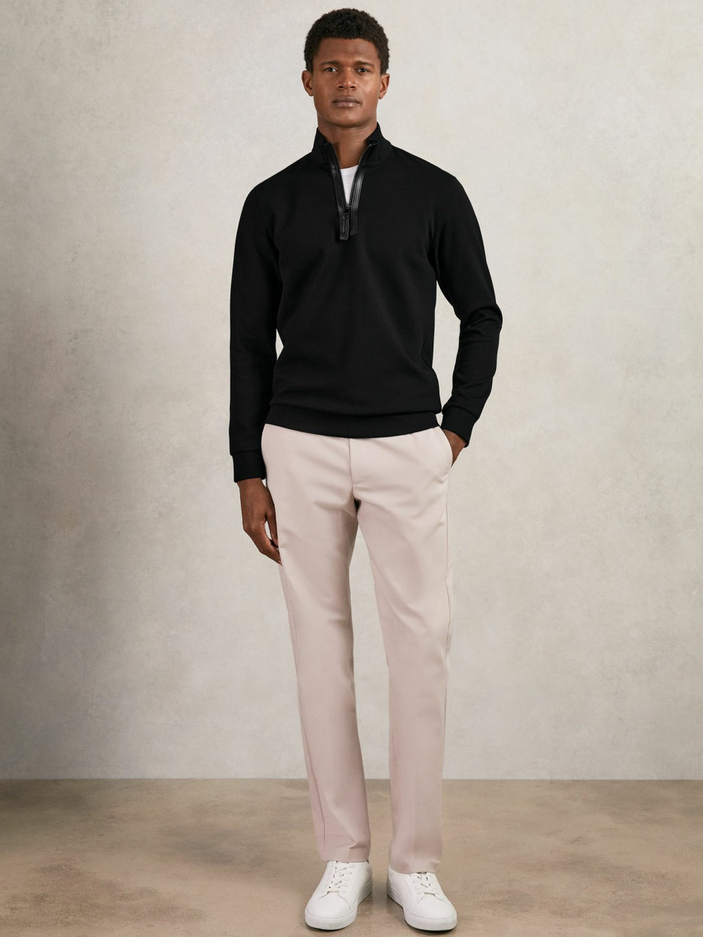 Men Leather-Placket Interlock Sweatshirt in Black