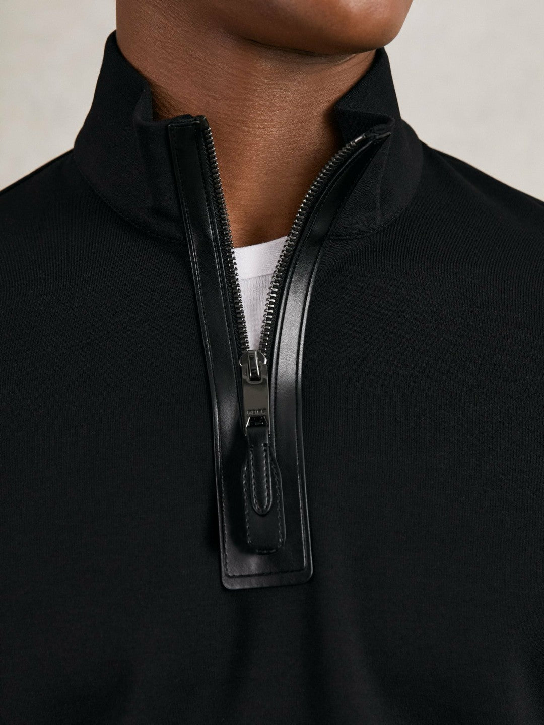 Men Leather-Placket Interlock Sweatshirt in Black