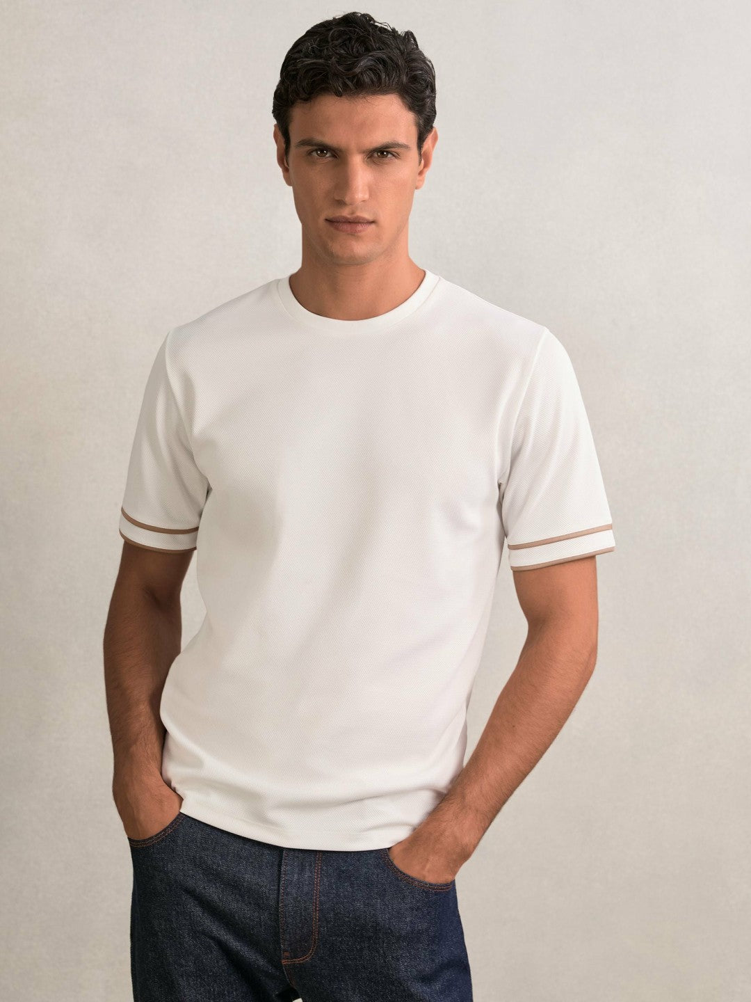 Men Textured Crew-Neck Tipped T-Shirt in White