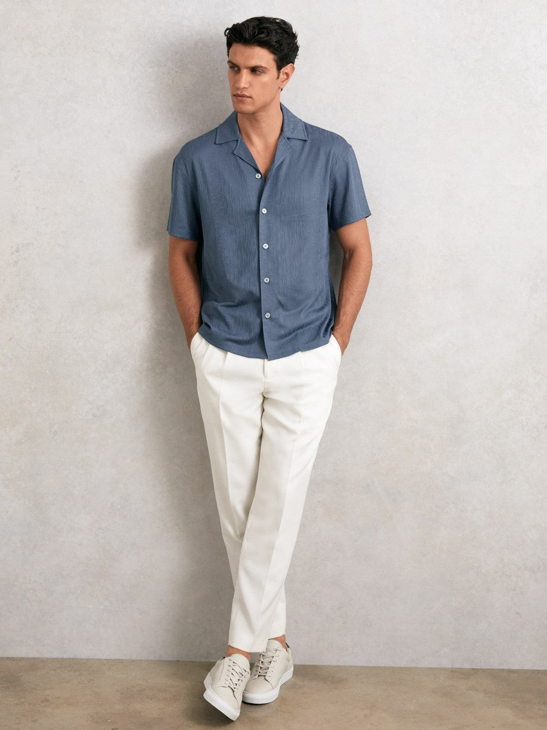 Men Jacquard-Stripe Cuban-Collar Shirt in Airforce Blue