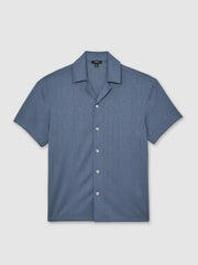 Men Jacquard-Stripe Cuban-Collar Shirt in Airforce Blue