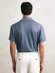 Men Jacquard-Stripe Cuban-Collar Shirt in Airforce Blue