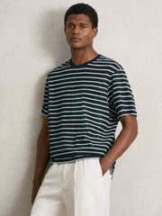 Men Cotton Textured Stripe T-Shirt in White/Navy