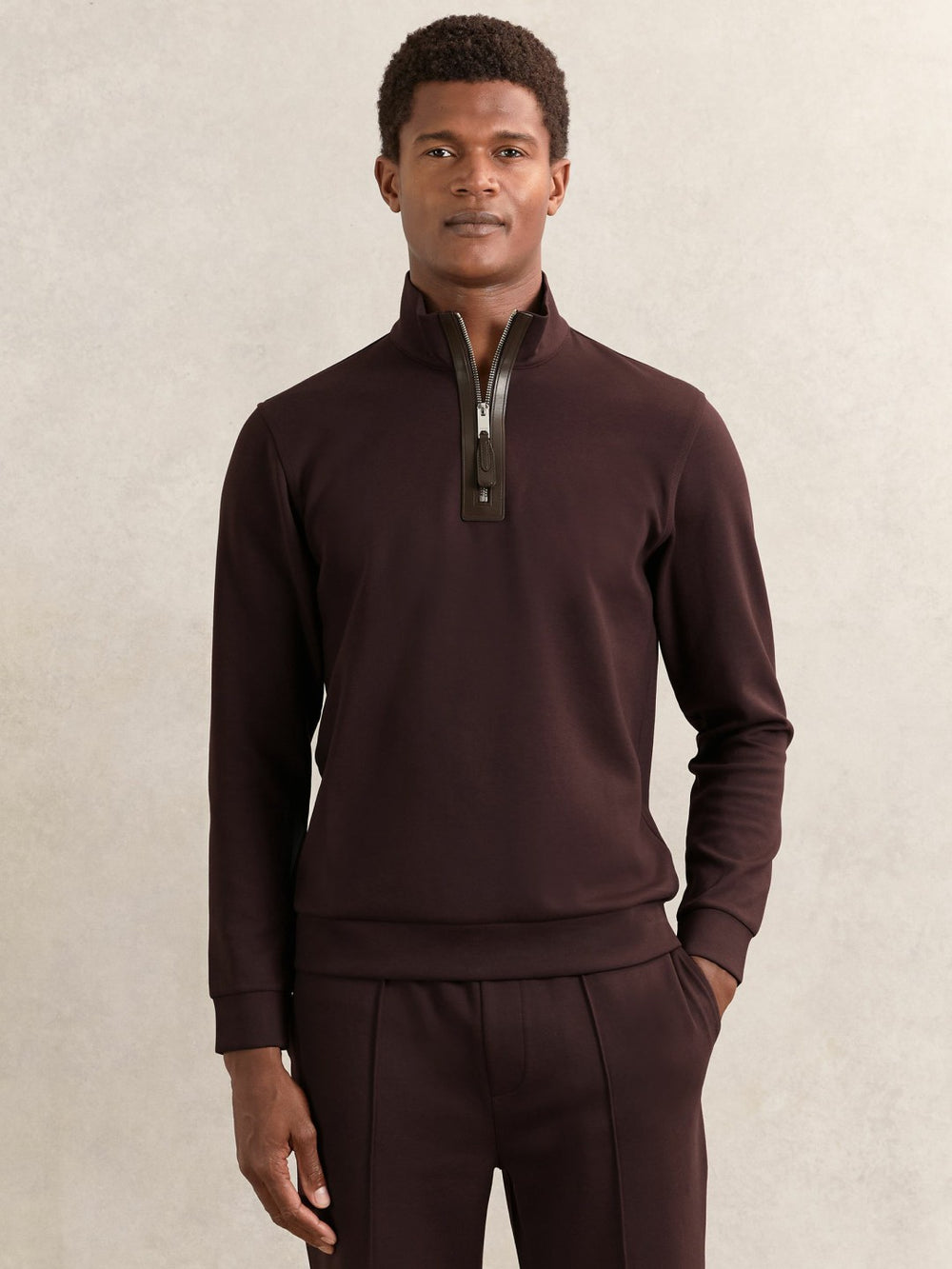 Men Leather-Placket Interlock Sweatshirt in Cherry Red