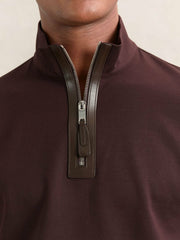 Men Leather-Placket Interlock Sweatshirt in Cherry Red