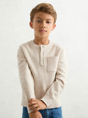 Children & Baby 13-14 yrs Cotton-Blend Rib-Knit Henley Top in Oatmeal Melange