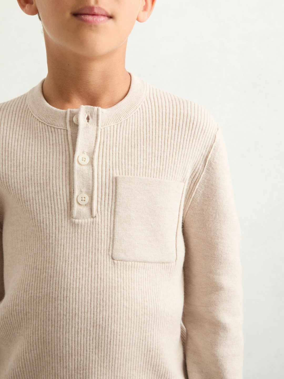 Children & Baby 13-14 yrs Cotton-Blend Rib-Knit Henley Top in Oatmeal Melange