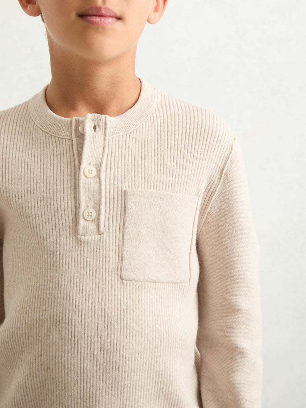Children & Baby 13-14 yrs Cotton-Blend Rib-Knit Henley Top in Oatmeal Melange