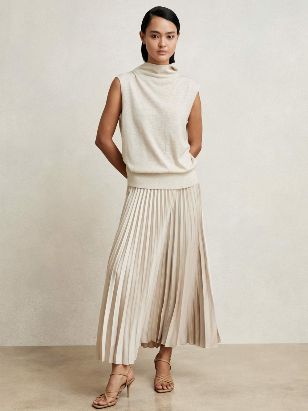 Women Pleated Midi Skirt in Champagne Neutral