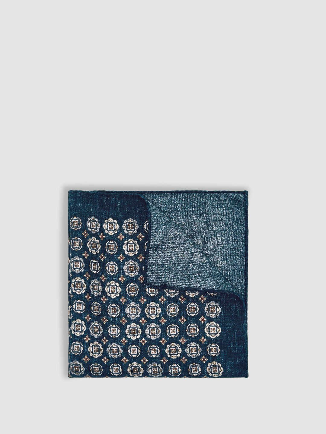 Men Silk Medallion Print Pocket Square in Indigo Melange