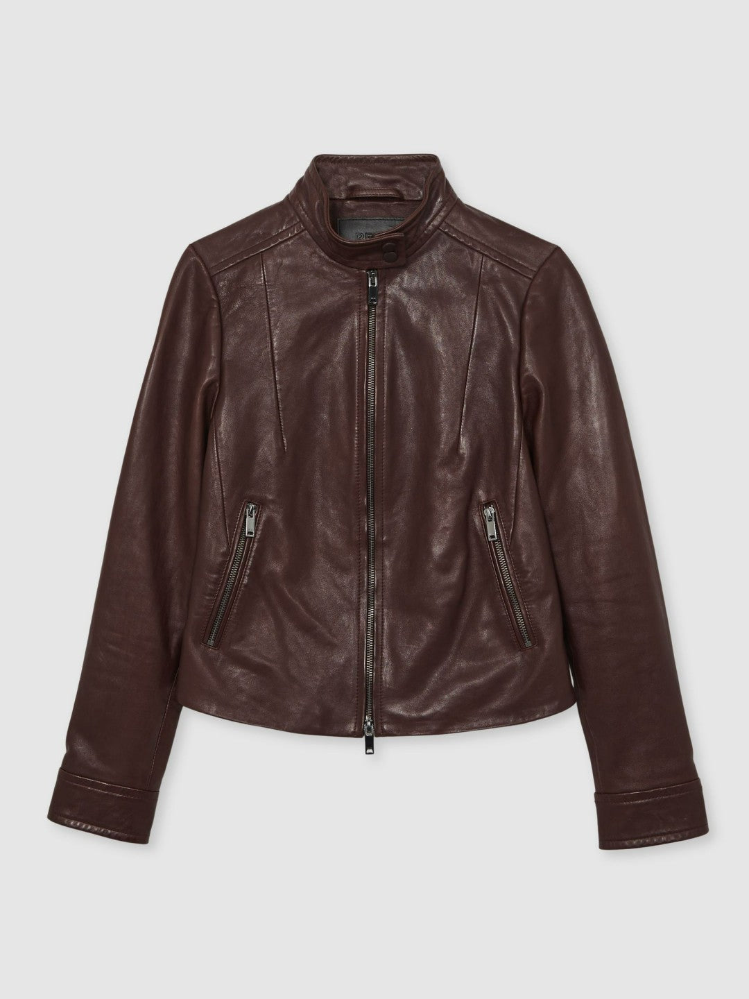 Women Fitted Leather Biker Jacket in Burgundy