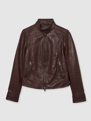 Women Fitted Leather Biker Jacket in Burgundy