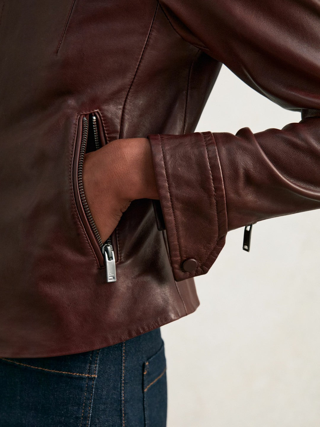 Women Fitted Leather Biker Jacket in Burgundy