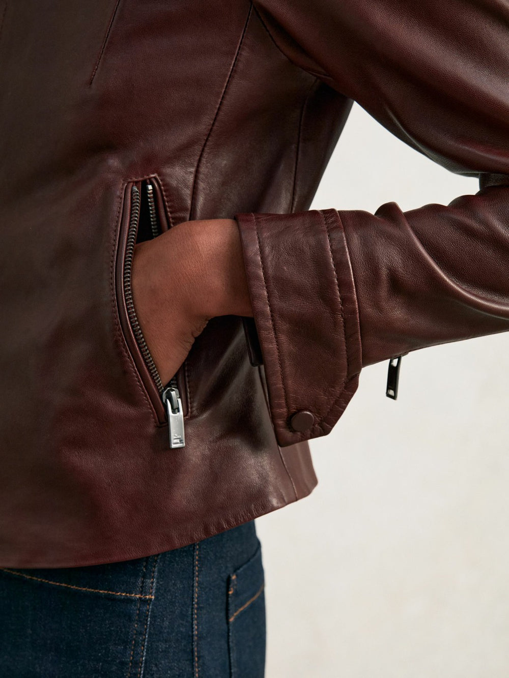 Women Fitted Leather Biker Jacket in Burgundy